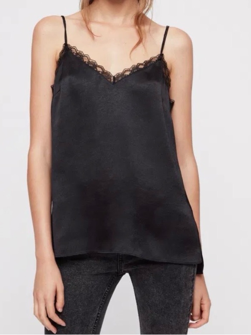 AllSaints Black Lace-Trim Satin Style Cami Nia Tank Top Camisole Women's Large